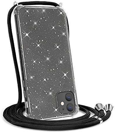 CAROKI Crossbody Case for iPhone 11 6.1,Necklace Mobile Phone Cover with Cord Strap Clear Transparent TPU Soft iPhone 11 Cover Holder with Neck Cord Lanyard Strap Clear-Black Glitter