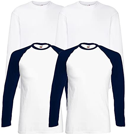 Fruit of the Loom 4 T Shirt Longsleeve Baseball T M L XL XXL Langarm (L, 2 Base WhiteNavy + 2LS Weiss + 1 HLKauf Notizblock)