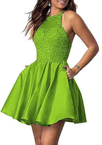 NaTengs Vestido corto de satén con cuentas y apliques para mujer, sin mangas, color verde lima, lime green, 46