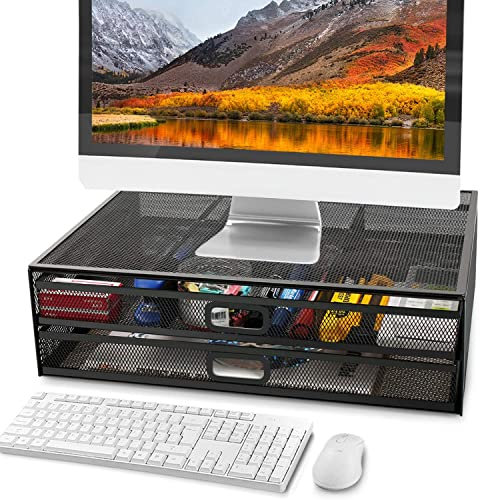 Ameco Monitor Stand Desk Organizer mit zwei Schubladen Elegante Loft-Stil Ordnung halten Büro Home Metallgitter Schwarz Abmessungen 400x300x120 m