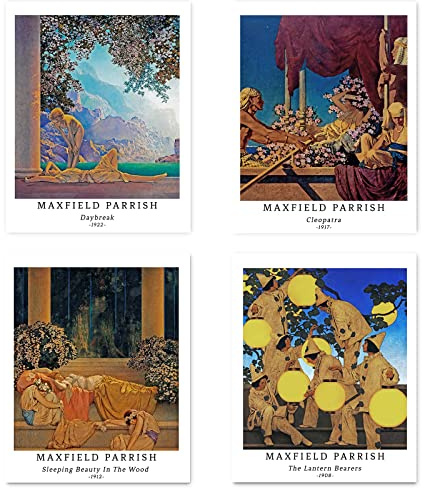 Kunstdruck Ungerahmt Illustration Bilder Set von 4, Poster Größe: 28x35 cm Premium Kunstpapier Wanddeko Berühmte Malerei Housewarminggeschenk Passenden Jugendzimmer Deko Maxfield Parrish Poster