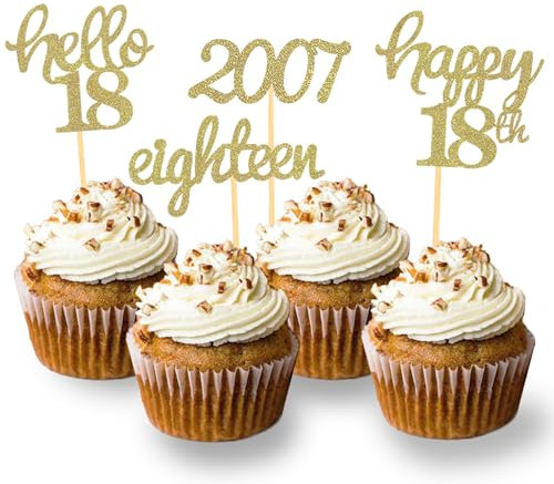 24 Stück Glitzer 18. Geburtstag Cupcake Topper, Geburtstagsdeko 18 von 2007 für 18. Geburtstag Junge, 18 Geburtstagsfeier Zubehör Party Dekoration Kuchendekoration (Gold)