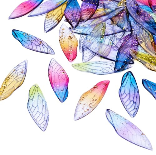 Spritewelry 20 Stück transparente Harzflügel-Charms, klare Insekten, Libellenflügel, Federtropfen-Charms, mehrfarbig, Schmetterlingsflügel-Anhänger mit Goldfolie, für Schmuckherstellung, Ohrringe,