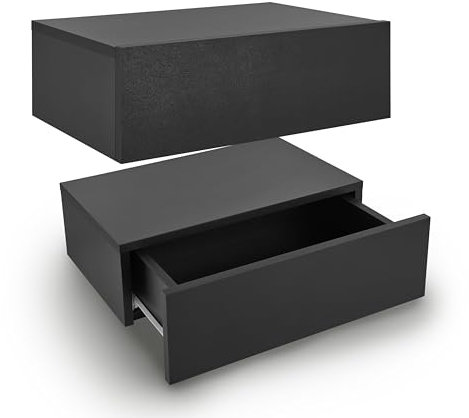 Juskys Wandregal Nachttisch hängend 2er Set Holz 46x30x15 cm BTH - 1 Schublade & Ablage pro Nachtkommode - Wandmontage - Nachtschrank Schwarz