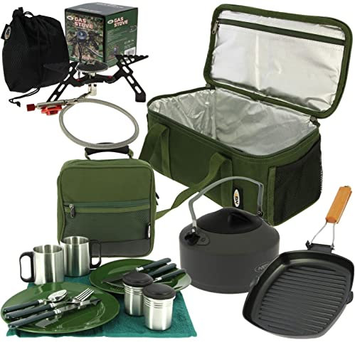 Generic Carp Fishing Outdoor Camping Cooking Set - Insulated Bag, Deluxe Cutlery Set, Frying Pan, Kettle & Stove - Gun Metal Grey, 35 x 17 x 13 cm