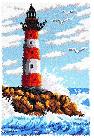 ROCKY&CHAO Knüpfhaken-Teppich-Set DIY-Knüpfhaken Teppichherstellungs-Set für Erwachsene Kinder Kreuzstich-Set Teppichherstellung Heimdekoration 60 x 40 cm (Leuchtturm)