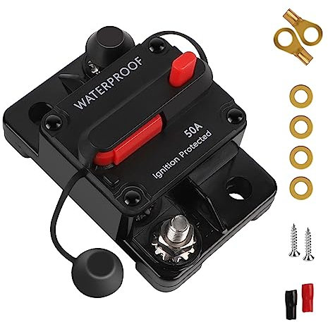 EXLECO Auto Schutzschalter 50A Sicherungshalter KFZ Automatiksicherungshalter 12V-24V DC Auto Leistungsschalter Sicherung LKW Manuell Reset Schalter für Car Audio Solar mit Kabelschuhe Kupferscheiben