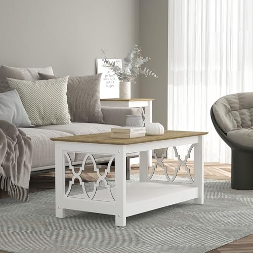 Galano Nova Coffee Table - Modern Distressed Oak Finish - Storage Cabinet for Entryway - Foyer - Living Room - Bedroom - Space Saving (White/Oak)