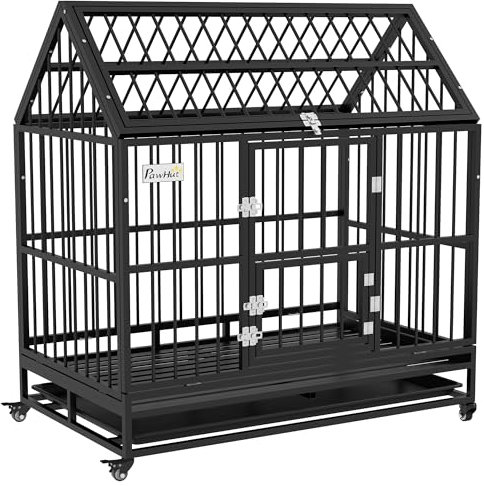 PawHut 48 Heavy Duty Dog Crate, Indoor Outdoor Dog Cage on Wheels with Locks, Removable Tray, Openable Top, 2 Doors, for Large and Extra Large Dog - Black