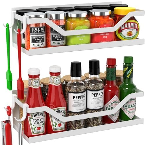 VG1M Magnetic Spice Rack for Refrigerator,Magnetic Fridge Shelf with 4 Hooks,White Microwave Rack,Moveable Seasoning Rack, Durable Magnetic Shelf for Kitchen, 11.9 Inch, 2 Pack