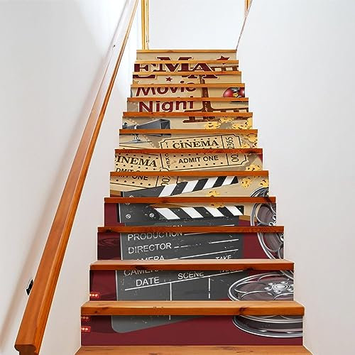COALHO Retro Kino Treppe Aufkleber Kunst Aufkleber Treppenhaus Dekorationen Abstraktes Filmthema Popcorn des Kinos Film Druck Heimdekoration 100 cm x 18 cm x 1 Set