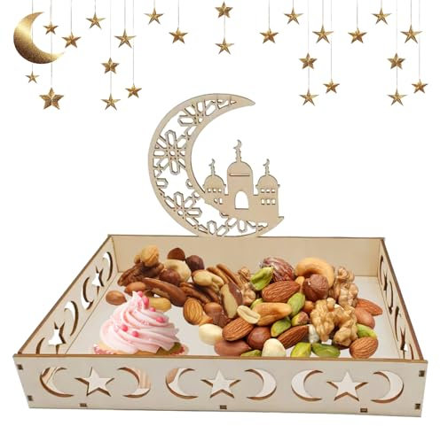 ARONRAVE Ramadan Tablett Ramadan Teller Eid Mubarak Tablett Ramadan Holz Tablett Mond Stern Serviertablett für Islam Party Eid Tische Ramadans Tischdekoration