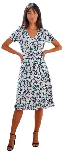 Roman Originals Tea Dress for Women UK Ladies Skater Swing Fit & Flare Flattering Summer Knee Length Frill Hem Ruched Chest Casual Smart Cocktail Party Going Out - Petite Floral Navy - Size 18