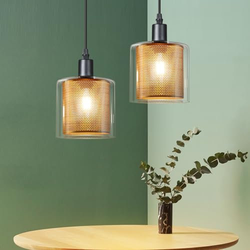 ZMH Pendelleuchte Esstisch Hängelampe Schlafzimmer: 2er Hängeleuchte 1 Flammig Glas Höhenverstellbar Esstischlampe Vintage Gold E14 Pendellampe für Küche Wohnzimmer Esszimmer (ohne Leuchtmittel)