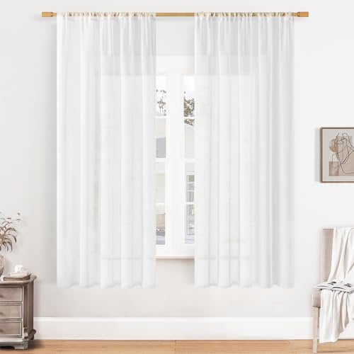 Softalker Gardinen Scheibengardine Bistrogardine Weiss Transparent in Leinen-Optik Vorhang Kurz Durchsichtig 145 x 140 cm (HxB) Fenstervorhang 2er Set Deko für Schienen Schlafzimmer, Küchen
