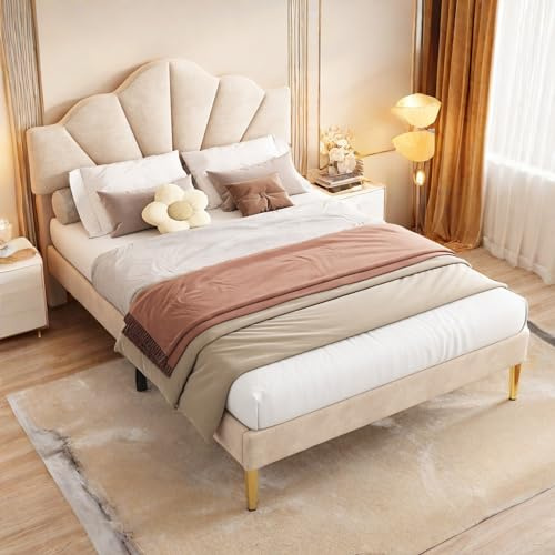 Sapgaks Polsterbett 90x200 cm,Samt,muschelartiges Bett mit goldenen Eisenbeinen,höhenverstellbares Kopfteil,Holzlattenrost,Kinderbett 90x200,Beige