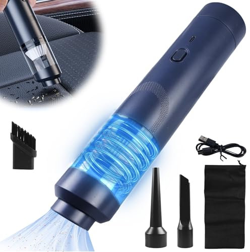 Handstaubsauger Akku, 9000Pa Handstaubsauger Kabellos, Mini Tragbarer Auto Staubsauger mit Aufbewahrungstasche, 120W Akku Handstaubsauger Geeignet für Auto, Haus, Büro, Küche und Tierhaare, Grau Blau