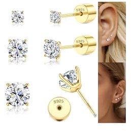 Sllaiss Flat Back Earrings 925 Sterling Silver Gold Studs Earrings for Women 3 Pairs 20G Cartilage Earrings Gold Cubic Zirconia Stud Earrings 14K Gold Plated Tragus CZ Stud Screw Back Earrings