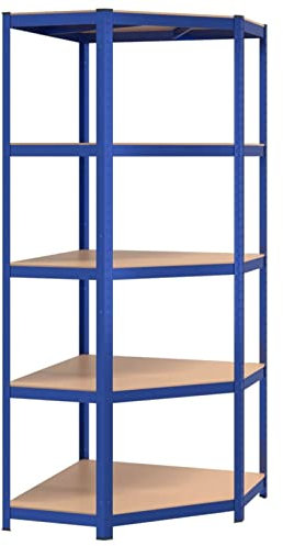 Scaffale angolare a 5 strati Scaffalature per garage Scaffali resistenti Mensole regolabili Garage Industrial Storage Organizer per attrezzi pesanti e articoli per la casa Acciaio blu e legno