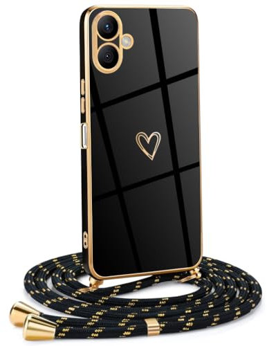 Mkej Coque pour Samsung Galaxy A06 avec Cordon de Collier, Coque avec Cordon Motif Coeur d'amour TPU Housse, Collier RéglableTéléphone Portable Lanyard Case Samsung Galaxy A06, Or Noir