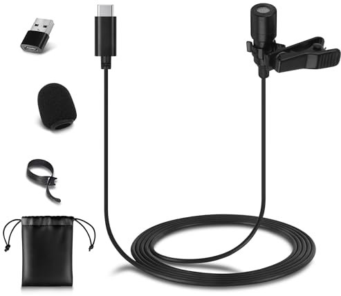 Micro cravate USB C, condensateur audio Lav Mic pour iPhone 16/15 et MacBook Pro, Samsung, Google, Oneplus, microphone à clipser avec USB-A pour ordinateur et ordinateur portable, 2,8 m, idéal pour