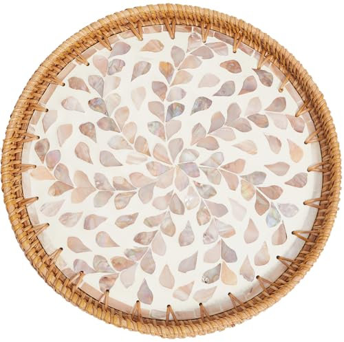 CREATCABIN Bandeja Redonda de Ratán, Bandeja Tejida de Ratán para Servir, Base de Madera, Cesta Tejida A Mano, Cesta de Mimbre Decorativa, Bandeja Organizadora para Decoración de Mesa, Almacenamiento,