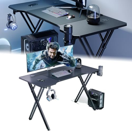 LZQ Bureau Gaming Con LED,X-Frame Table Gaming Ergonomique,avec Porte-gobelet et Crochet pour Casque,Surface en Fibre de Carbone,pour Chambre à Coucher,étude,Noir 160x60cm