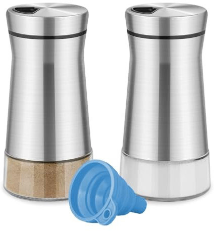 KUKUJIWA Salt and Pepper Shakers Set,Salt and Pepper Pots with Adjustable Pour Hole,Spice Dispenser Kitchen Accessories for Home Kitchen Restaurant BBQ (Silver)