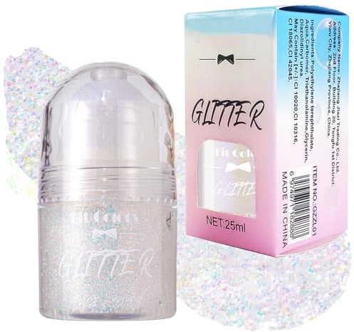 Roll-on Body Glitter Gel, Glitzer Gel Roll on für Haare Gesicht und Körper, Mermaid Pailletten Glitzer Gesicht, Glitzer Face Paint Holographic Hair, Shimmer Makeup (Weiß #03)
