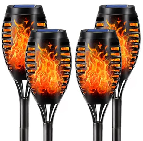 LQWELL® Solarleuchten Solar Fackellicht für Außen Garten 4 Stück 12 LED Solarlampe mit Realistischer Flammeneffekt IP65 Wasserdicht Gartenfackeln Solar Weg Hinterhöfe Rasen Beleuchtung (4 Stück)