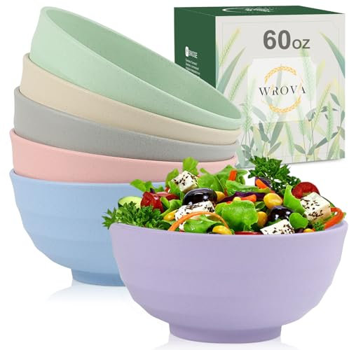 Wrova Salad Bowl Sets 6 PCS Large Plastic Bowl 60 OZ Lightweight Ramen Bowl, Microwave Safe Bowls for Kitchen, Reusable Big Bowl Sets, Large Salad Bowls for Serving Soup, Oatmeal and Fruit - Colorful