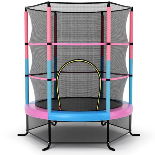 LIFEZEAL Trampolino Elastico per Bambini, per Interno, Esterno, Giardino, con Rete di Sicurezza, Tappeto Protettivo, Telaio in Acciaio, Salta, Jump, Regalo, Max 135kg (rosa+azzurro, Ø165x165cm)