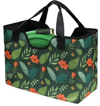 GeerDuo Garden Hose Storage Bag, Portable Expandable Hose Holder for 50-100ft Tube (Green Flower)