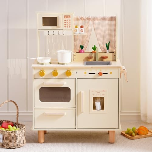 ROBUD Kinderküche aus Holz mit Kühlschrank, Backofen & Eismaschine | Spielzeugküche aus Holz mit Mikrowelle, Spüle und Herd für realistisches Rollenspiel und kreativen Spaß