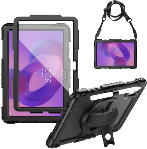 Junfire Hülle für Lenovo Idea Tab (11 Zoll) 2025/Tab M11/K11 Gen 2 Schwarz | Schutzhülle Robuste mit Drehbarer Ständer, Displayschutzfolie, Handschlaufe, Schultergurt kompatibel mit TB336FU/TB336ZU