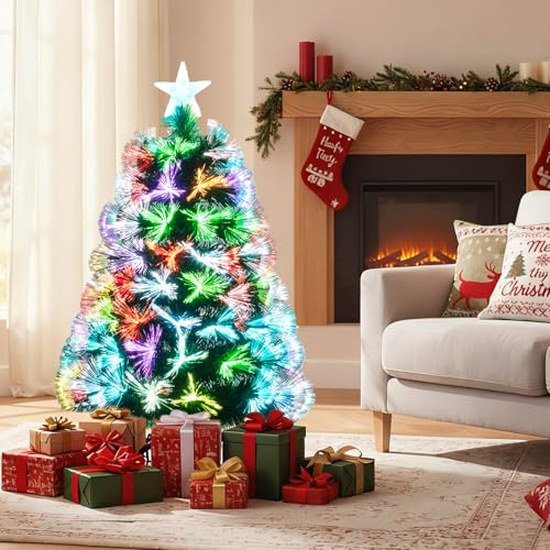 DREAMADE 95 cm Sapin de Noël Artificiel en Fibre Optique, Arbre avec Lueur Multicolore, 93 Branches, Étoile au Sommet et Base Métallique Pliable, Décoration Saisonnière pour Maison, Fête