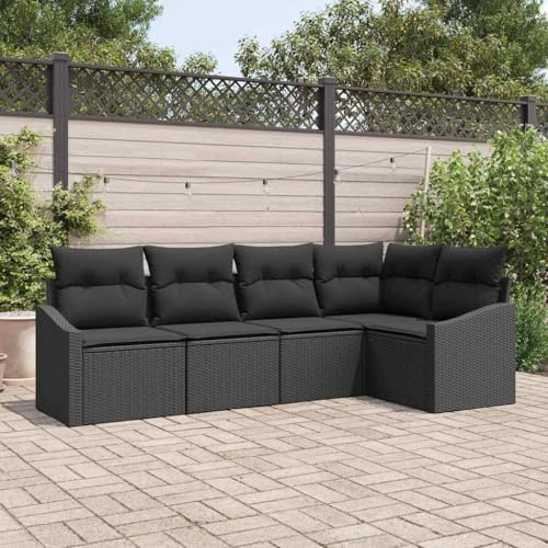 Hoopleep Garten Sofa Set Schwarz 5-teilig, Poly-Rattan Lounge mit Kissen, Höhenverstellbarer Tisch für Outdoor Esszimmer & Terrasse, Modularer Stauraum, UV-beständig