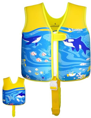 Gilet de Natation pour Enfants,Gilet Natation Enfant Certifié TÜV,gilet natation bébé garçon Aide à la Flottaison Réglable à 8 Panneaux,gilet de Flottaison de Dessin Animé en Néoprène,Bleu-S 2 à 3 ans