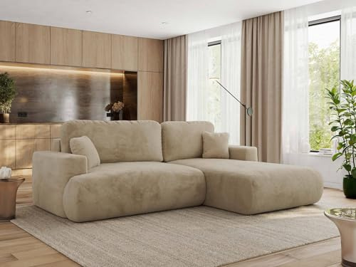 MKS MEBLE Ecksofa Wohnlandschaft L-Form mit Schlaffunktion und Bettwäscheschrank, Schlafsofa mit Bettkasten, modernes Sofa OVO L - Rechts - Beige Plüsch