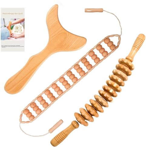 Set de 3 outils de massage en bois, appareils de madérothérapie pour la massage des fascias, drainage lymphatique & massage anti-cellulite, rouleau de massage en bois pour le sculptage du corps