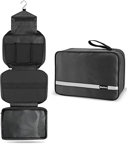 Maliton Trousse de Toilette,Pliable Grande Trousse de Toilette Voyage pour Homme et Femmes, Sac de Voyage Imperméable et Suspendu avec 4 Compartiments, Noir