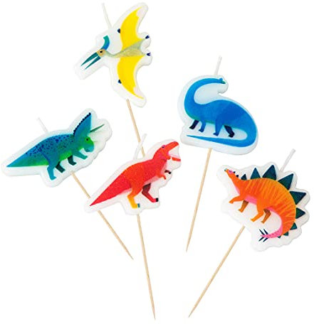 Talking Tables Packung mit 5 Dinosaurier-Kerzen für Geburtstagskuchen und Torten, Cupcakes, Brownies. Backdekorationen Ideal für Mädchen und Jungs, Red Yellow Green Blue Orange