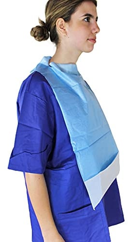 Medi-Inn Einmal-Esslätzchen 64 cm x 36 cm | 500 Stück | Esslatz mit PE-Beschichtung und praktischer Auffangtasche | für Erwachsene, Senioren oder Kinder I Farbe blau