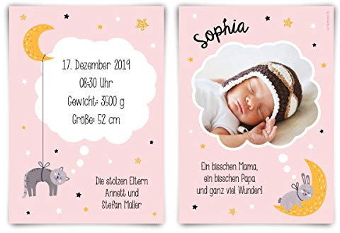 20 x Geburtskarten Babykarten individuell für Junge oder Mädchen - Mondkatze Rosa