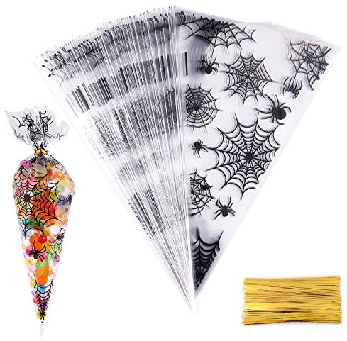 MIAHART 100 Counts Spider Gemusterte Halloween-Kegel-Zellophantüten Verwöhnen Sie Süßigkeitstüten mit 100 Stück Twist Ties für Halloween-Partybedarf