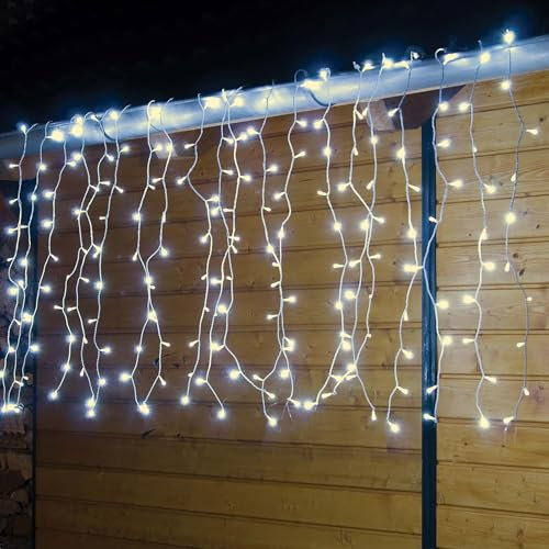 hellum LED-System Profi Lichterkette Außen verlängerbar Lichter-Vorhang warm-weiß 320 LED wetterfest, ohne Netzkabel, beleuchtet 150x200cm Strangabstand 10 cm 16 Stränge weißes Kabel, outdoor 555059
