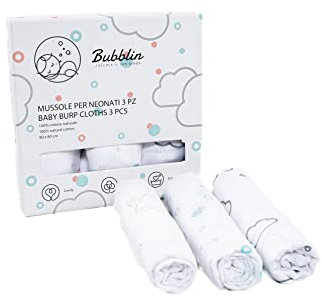 Bubblin Baby Musselin 80x80 cm 3er Pack 100% Baumwolle, Doppelt Gewebt, Oeko-TEX Zertifiziert, Mullwindeln Spucktücher (Blasen)