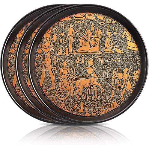 Lyellfe 3 Pack Restaurant Serving Trays, 30.5cm Round Non Slip Fast Food Serving Trays, Vintage Plastic Cafeteria Trays for Coffee Table, Home Dining Table, Bars, Roman Pattern