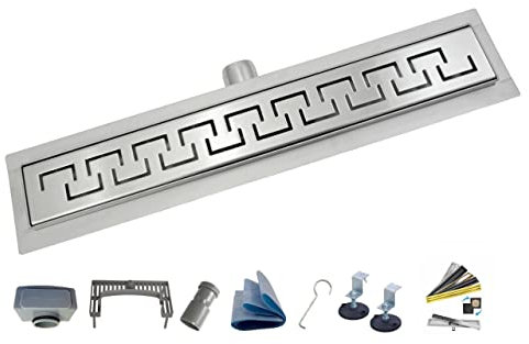 AQUA HEATING Griechisch linearer Edelstahl-Bodenablauf superflach Einbauhöhe 54mm Komplettset Badezimmer mit bodengleicher Dusche, Duschrinne Ablaufgarnitur-Set, Duschablauf Siphon Rost 70 cm Silber