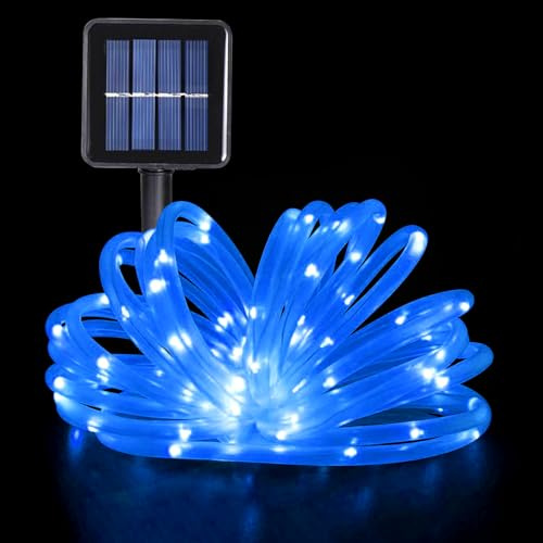 GHONLZIN Solar String Lights Outdoor Rope Lights 10M 100 LEDs 8 Modes Solar Powered Tube Lights Solar Waterproof Rope Lights for Garden Wedding Christmas Party Holiday Decorations, Blue